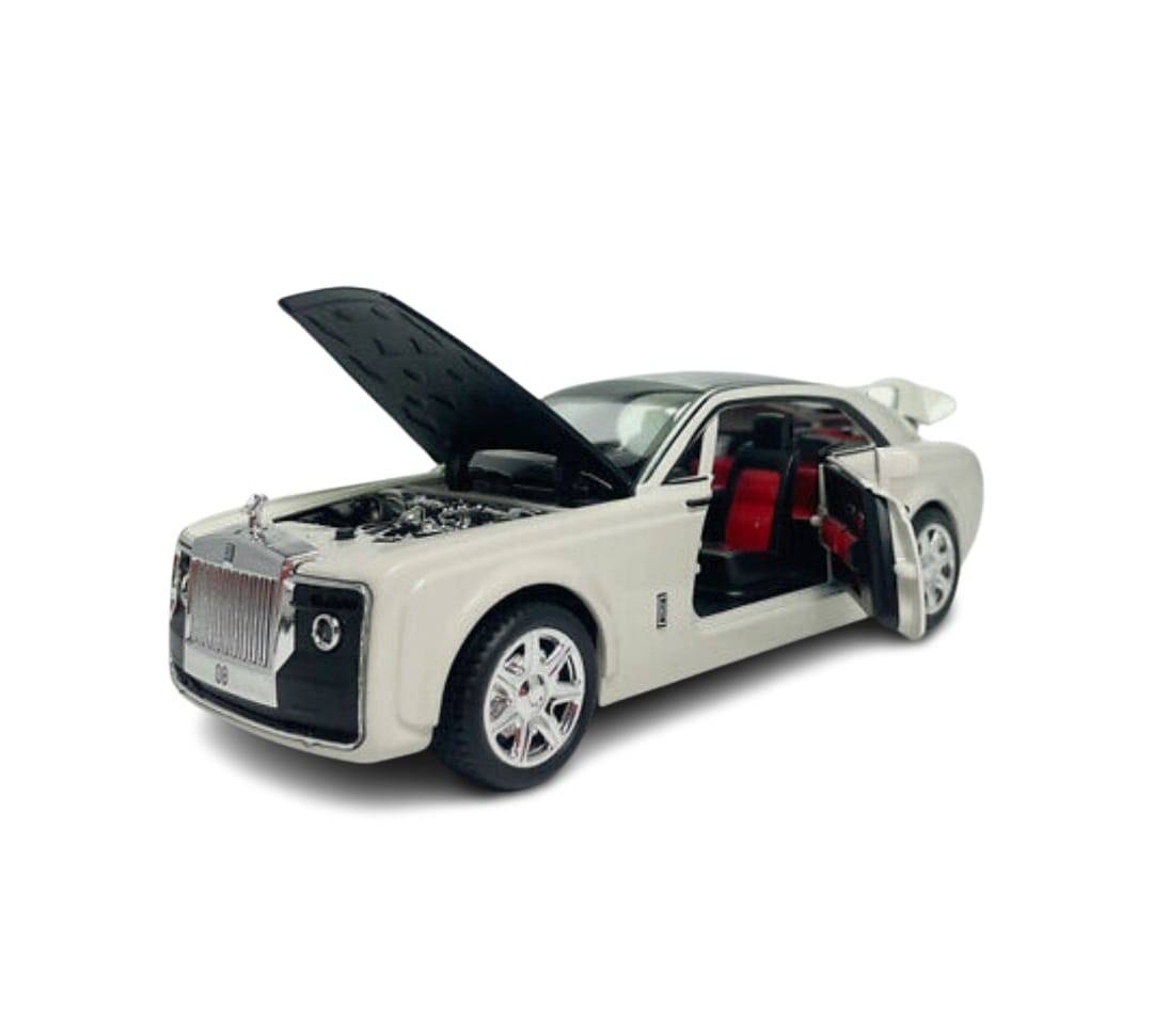 Masinuta metalica mecanica, Rolls Royce Sweptail, lumini si sunete, usi , capota  portbagajul , alb, 20 cm