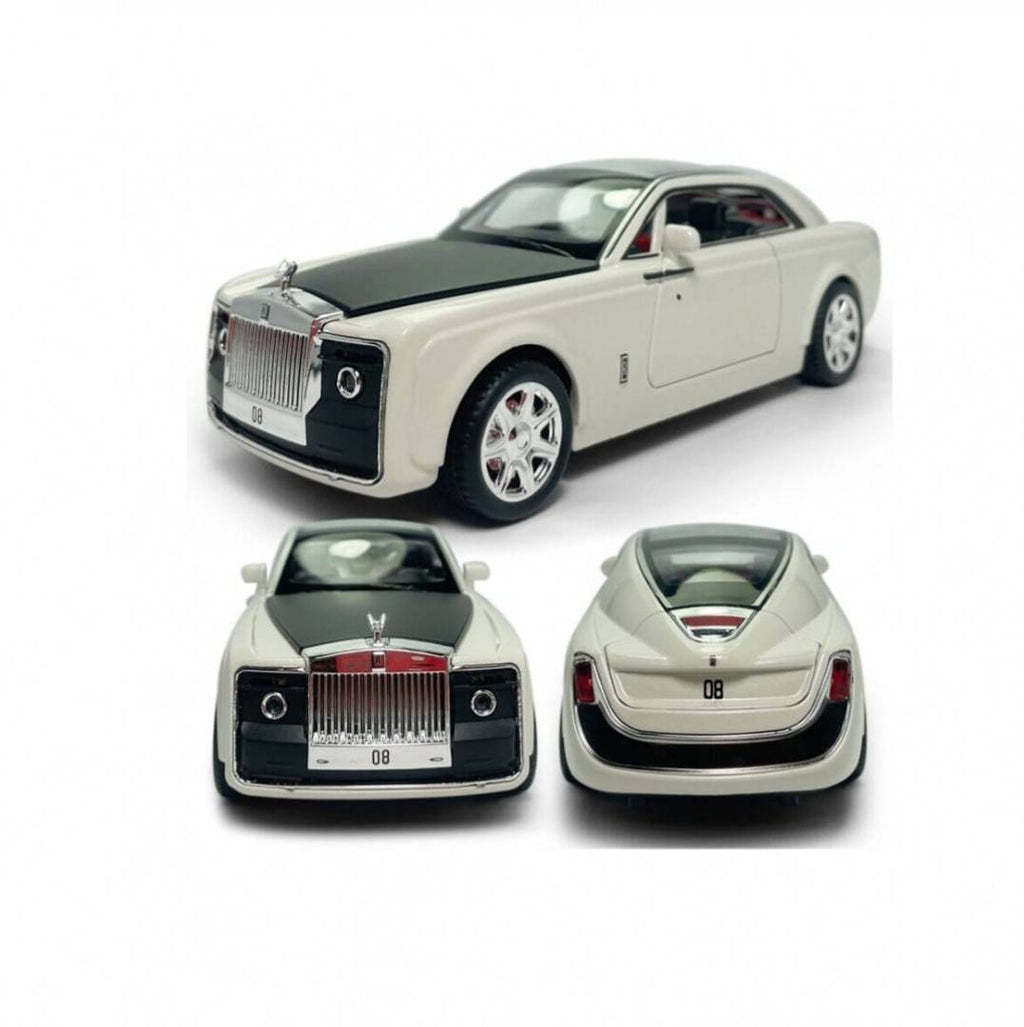 Masinuta metalica mecanica, Rolls Royce Sweptail, lumini si sunete, usi , capota  portbagajul , alb, 20 cm