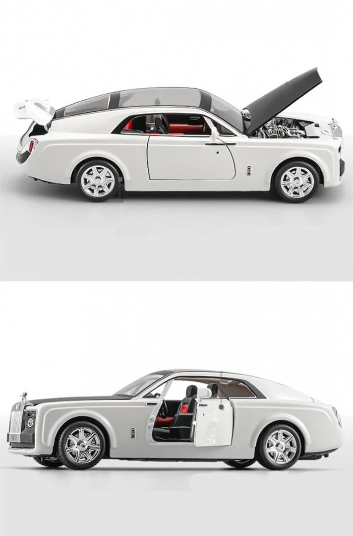 Masinuta metalica mecanica, Rolls Royce Sweptail, lumini si sunete, usi , capota  portbagajul , alb, 20 cm