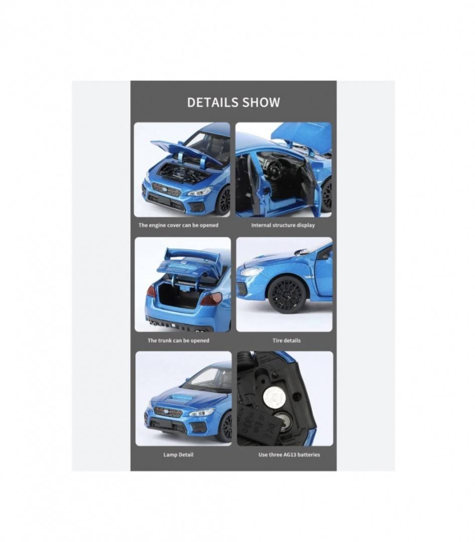 Masinuta metal, Subaru WRX STI 2020, scara 1:32, sunete, usi mobile, capota mobila, portbagaj mobil, albastru, 15 cm