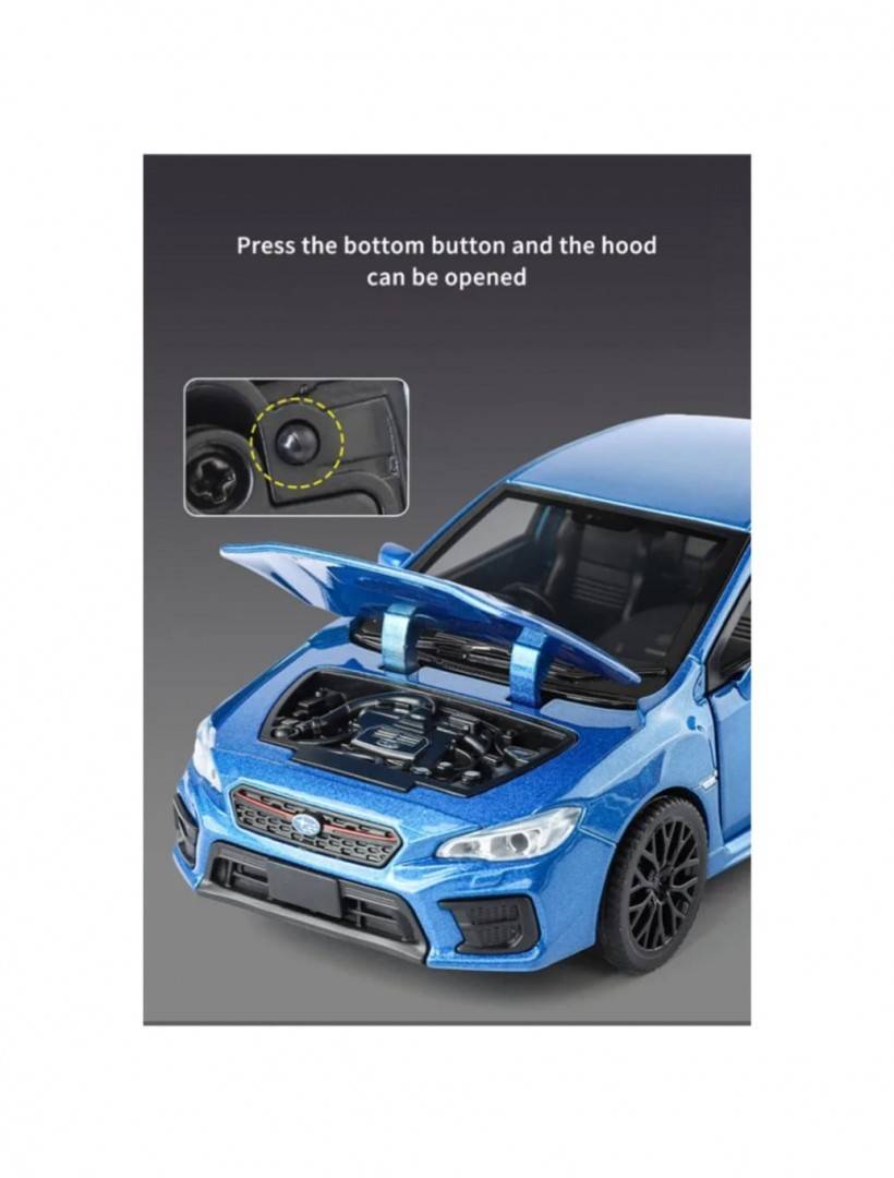 Masinuta metal, Subaru WRX STI 2020, scara 1:32, sunete, usi mobile, capota mobila, portbagaj mobil, albastru, 15 cm