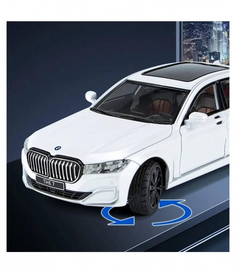 Masinuta metalica mecanica, tip BMW seria 7, lumini si sunete, usi mobile, capota mobila, portbagajul mobil, alb, 20 cm