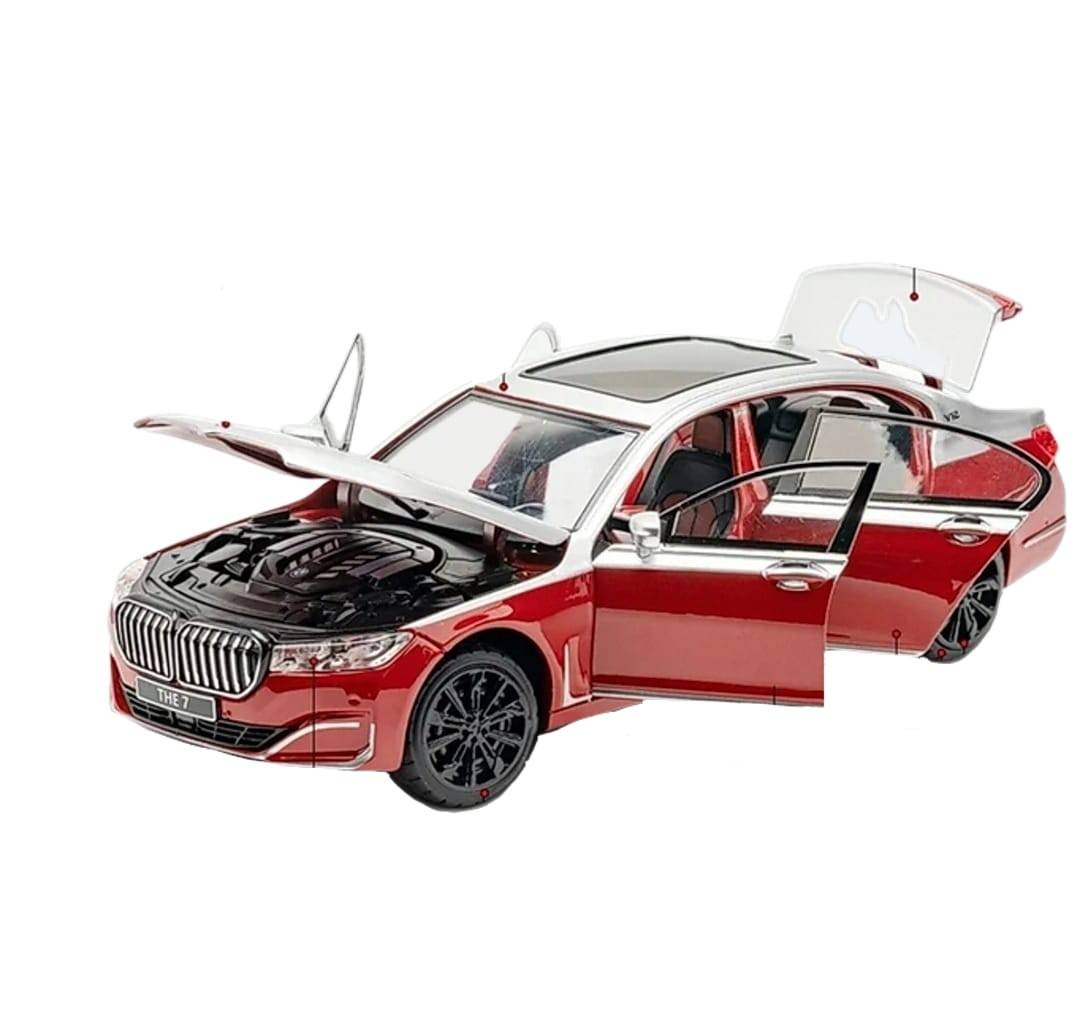 Masinuta metalica mecanica, tip BMW seria 7, lumini si sunete, usi mobile, capota mobila, portbagajul mobil, rosu/argintiu, 2