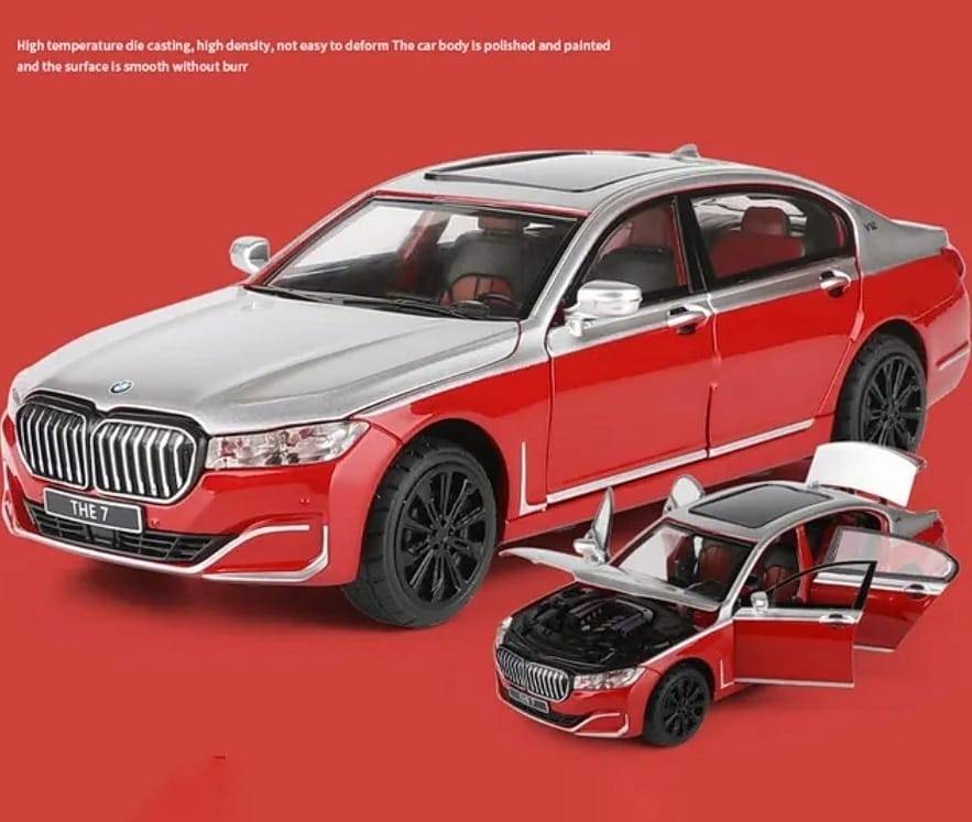 Masinuta metalica mecanica, tip BMW seria 7, lumini si sunete, usi mobile, capota mobila, portbagajul mobil, rosu/argintiu, 2