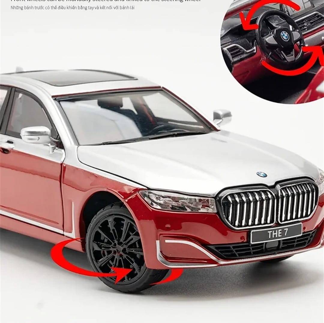 Masinuta metalica mecanica, tip BMW seria 7, lumini si sunete, usi mobile, capota mobila, portbagajul mobil, rosu/argintiu, 2