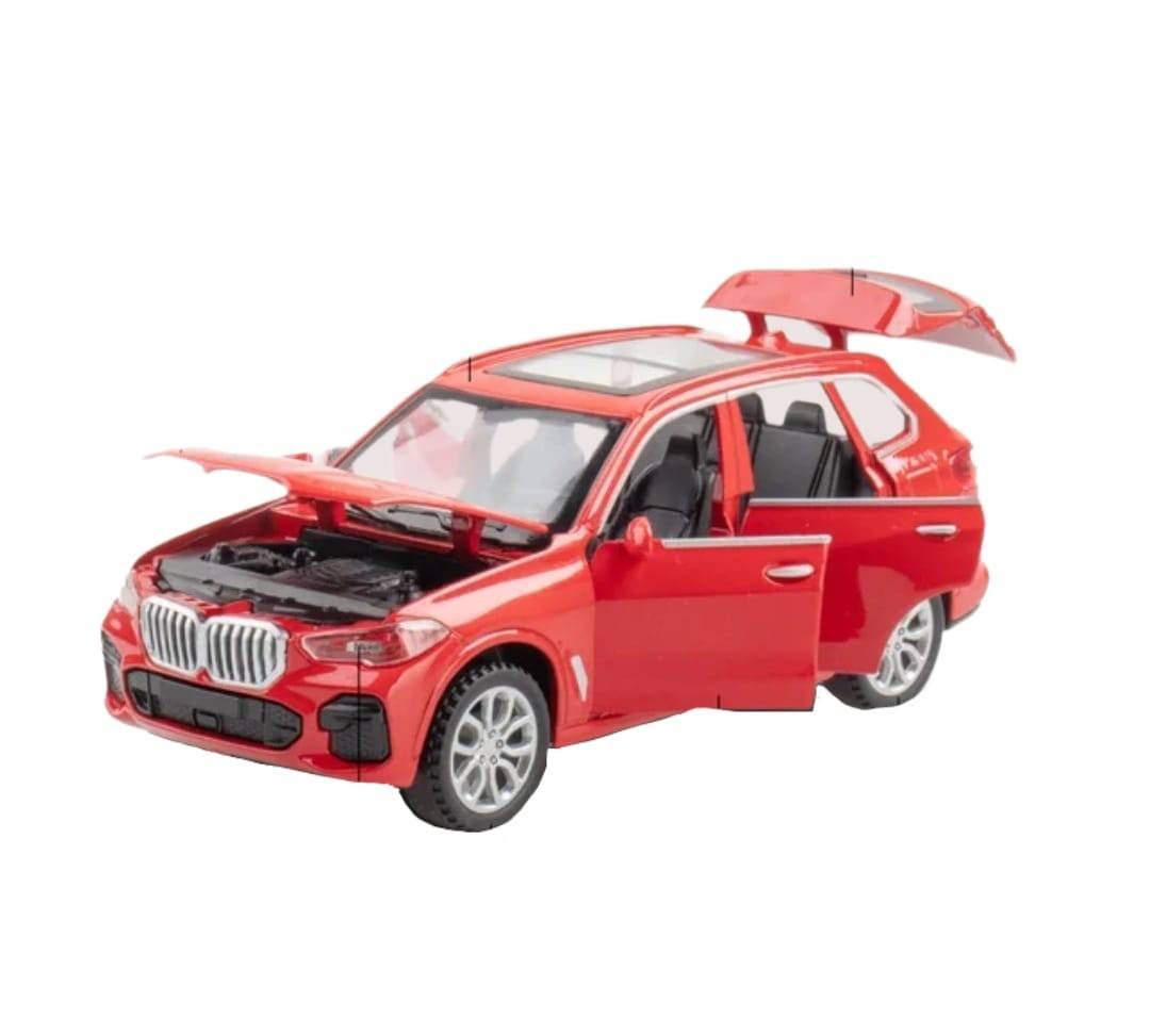 Masinuta metalica mecanica, tip BMW X5,  , lumini si sunete, usi mobile, capota mobila, portbagajul mobil, rosu, 16 cm