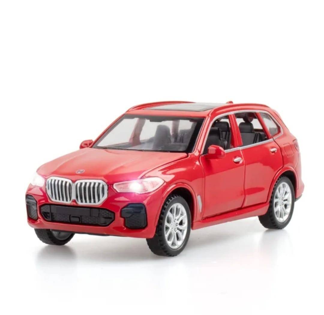 Masinuta metalica mecanica, tip BMW X5,  , lumini si sunete, usi mobile, capota mobila, portbagajul mobil, rosu, 16 cm