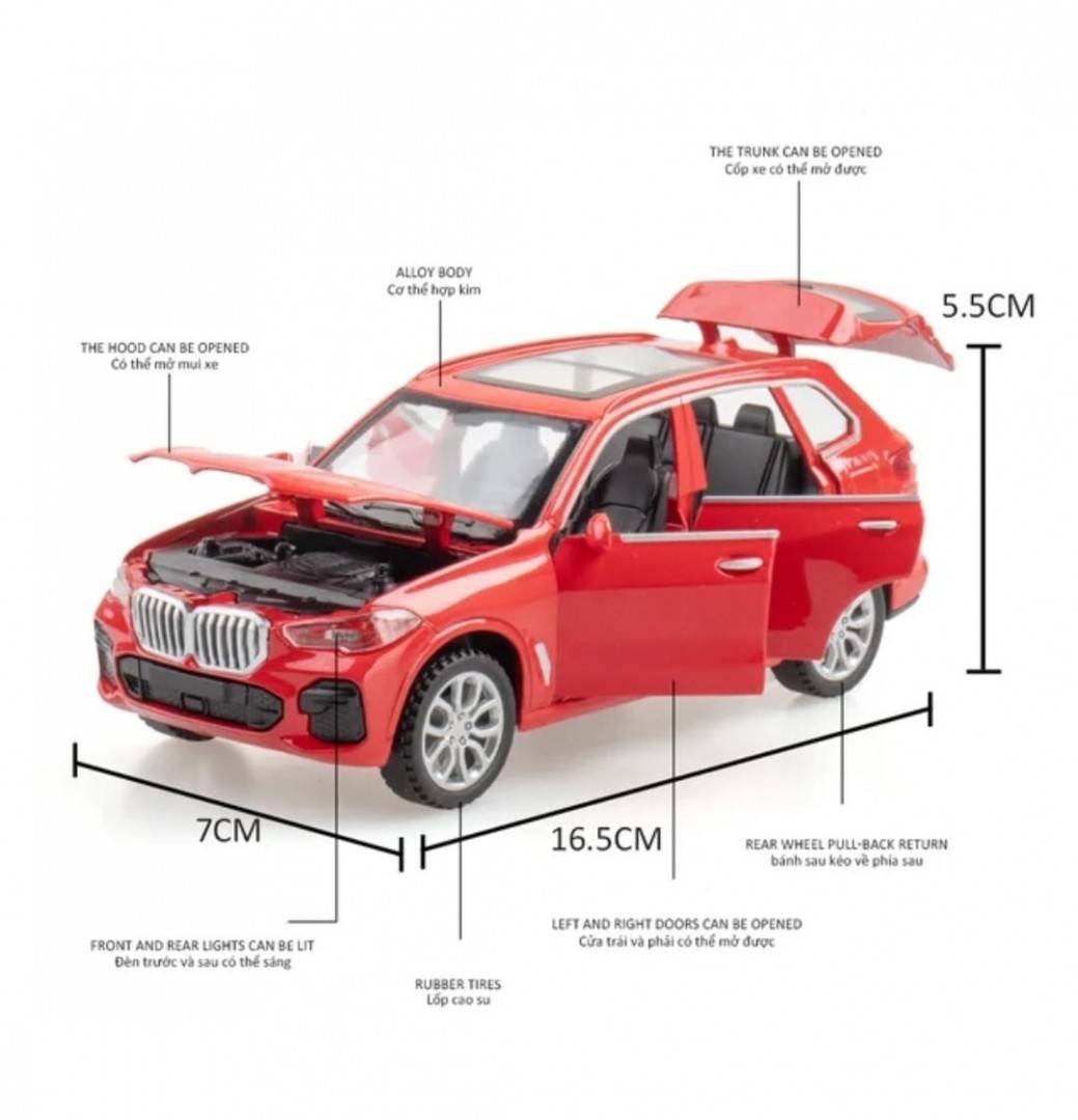 Masinuta metalica mecanica, tip BMW X5,  , lumini si sunete, usi mobile, capota mobila, portbagajul mobil, rosu, 16 cm