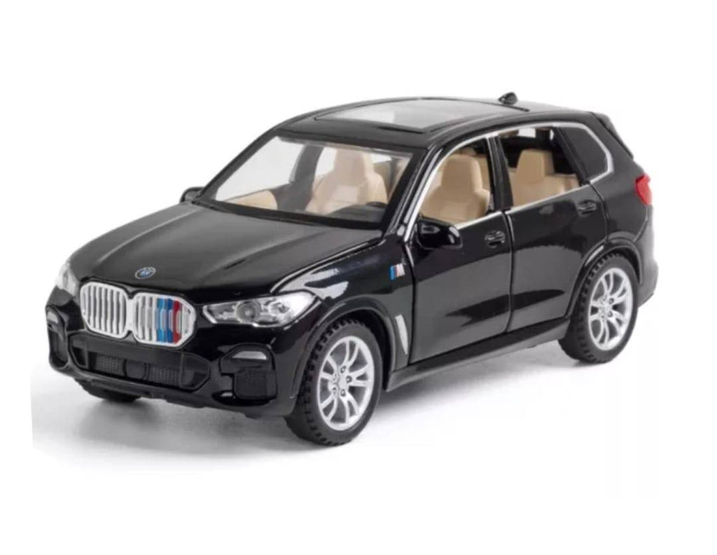 Masinuta metalica mecanica, tip BMW X5 M, lumini si sunete, usi mobile, capota mobila, portbagajul mobil, negru, 15 cm
