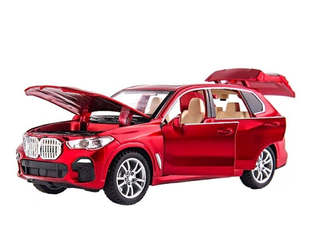 Masinuta metalica mecanica, tip BMW X5 M, lumini si sunete, usi mobile, capota mobila, portbagajul mobil, rosu, 15 cm