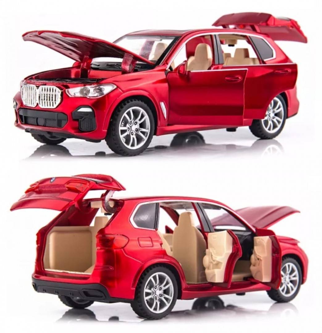 Masinuta metalica mecanica, tip BMW X5 M, lumini si sunete, usi mobile, capota mobila, portbagajul mobil, rosu, 15 cm