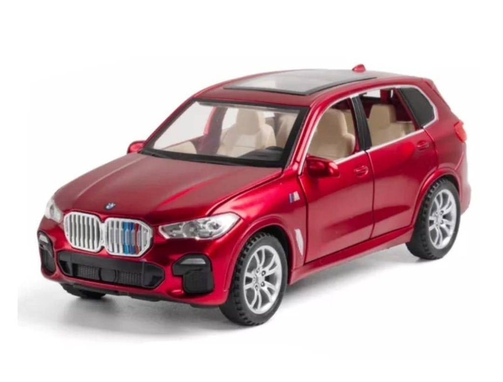 Masinuta metalica mecanica, tip BMW X5 M, lumini si sunete, usi mobile, capota mobila, portbagajul mobil, rosu, 15 cm