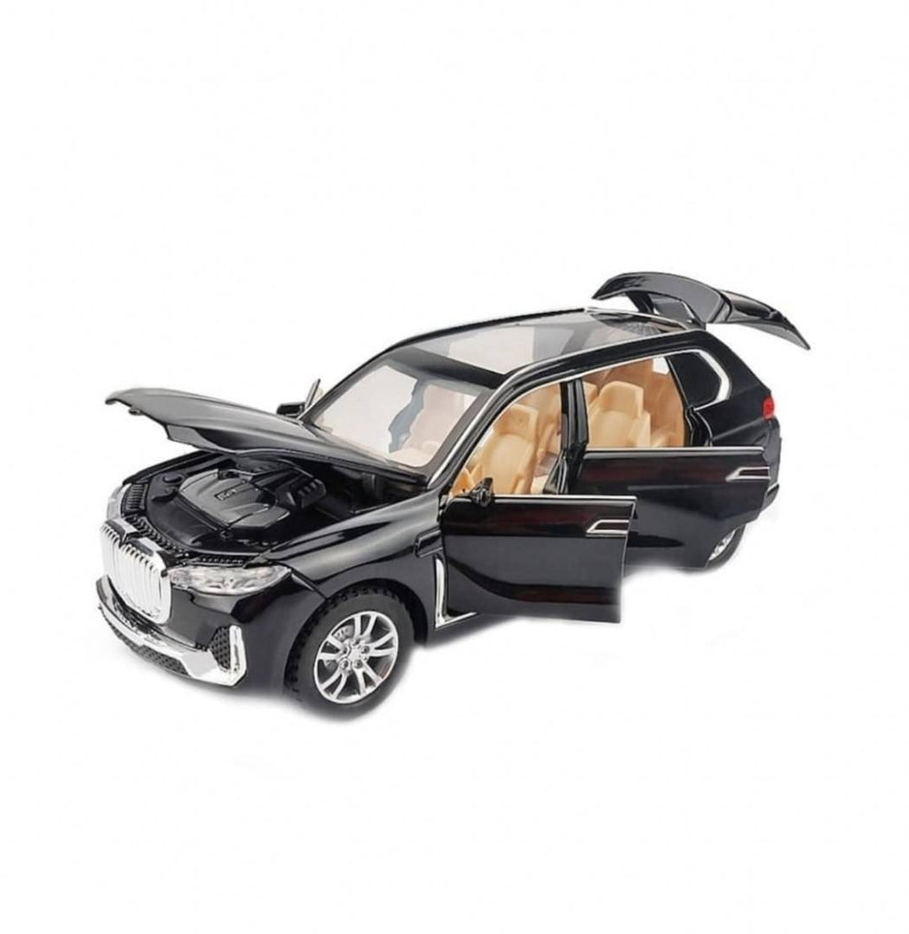 Masinuta metalica mecanica, tip BMW X7, sunete si lumini, usi mobile, portbagaj mobil, capota mobila, negru, 20 cm