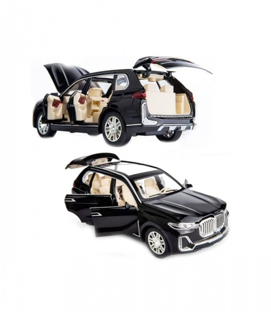 Masinuta metalica mecanica, tip BMW X7, sunete si lumini, usi mobile, portbagaj mobil, capota mobila, negru, 20 cm