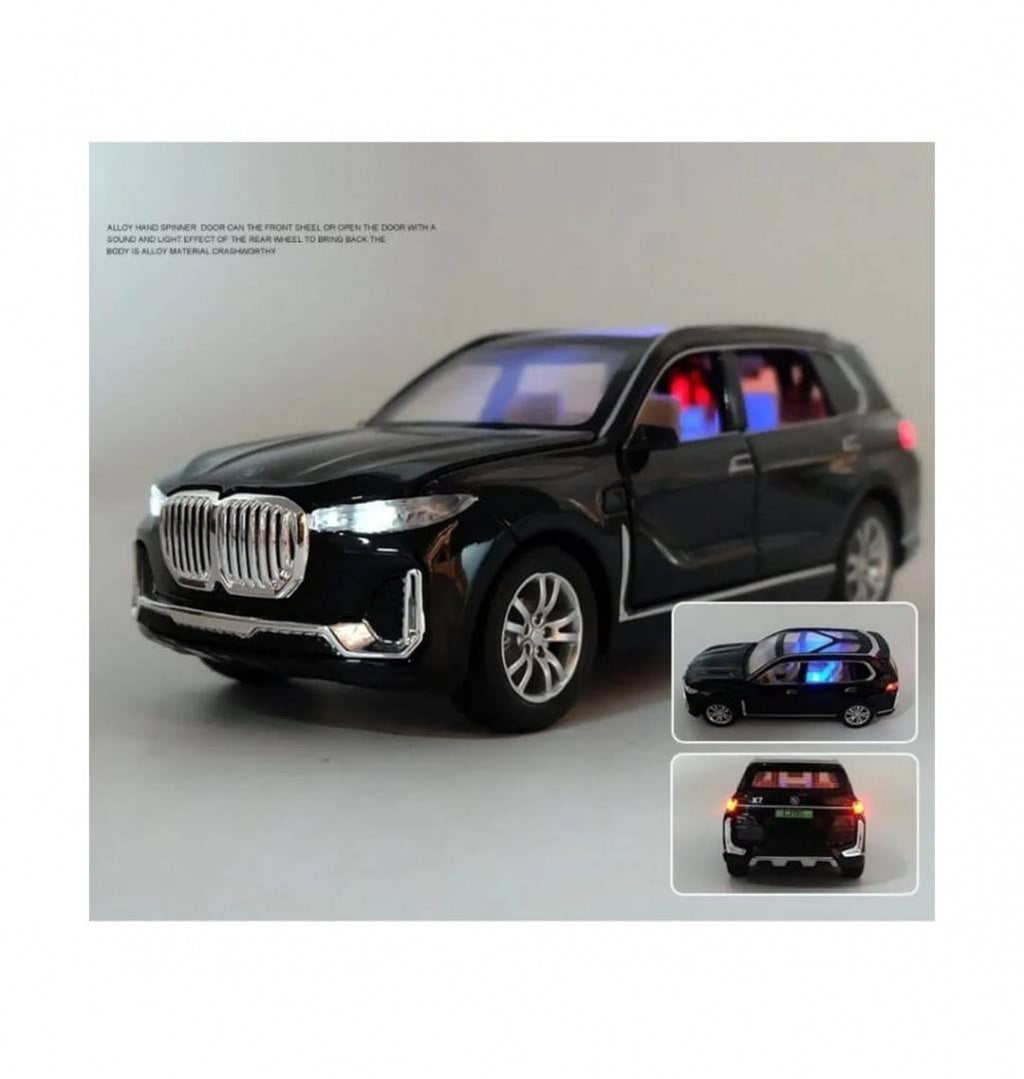Masinuta metalica mecanica, tip BMW X7, sunete si lumini, usi mobile, portbagaj mobil, capota mobila, negru, 20 cm