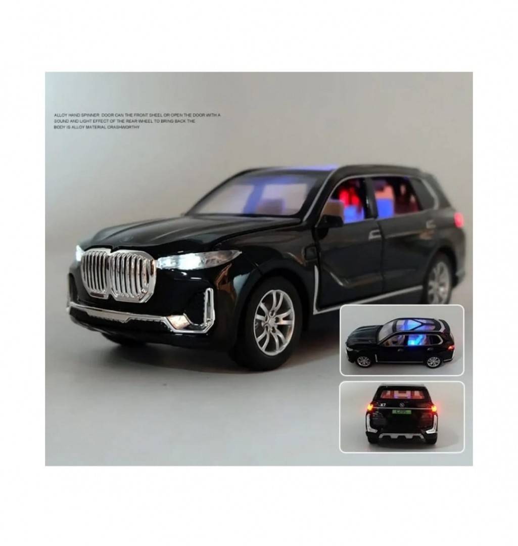 Masinuta metalica mecanica, tip BMW X7, sunete si lumini, usi mobile, portbagaj mobil, capota mobila, negru, 20 cm