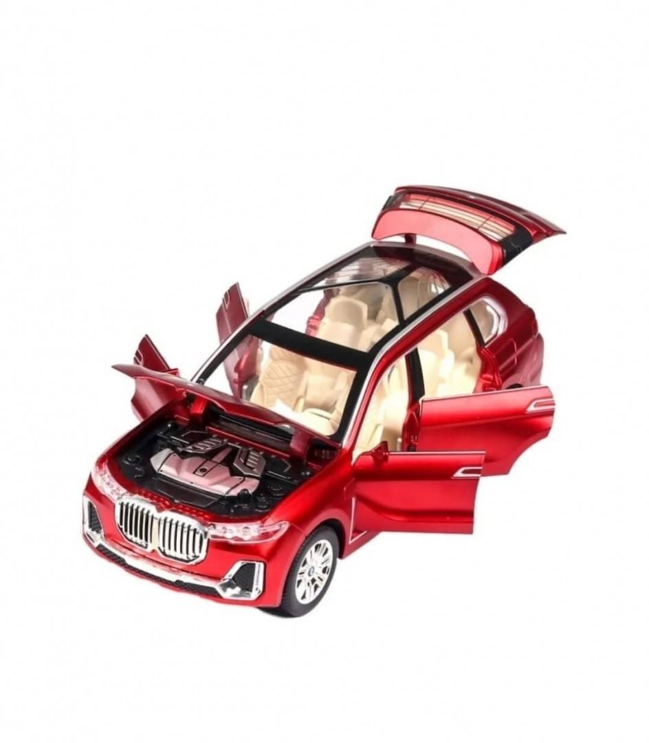 Masinuta metalica mecanica, tip BMW X7, sunete si lumini, usi mobile, portbagaj mobil, capota mobila, rosu, 20 cm