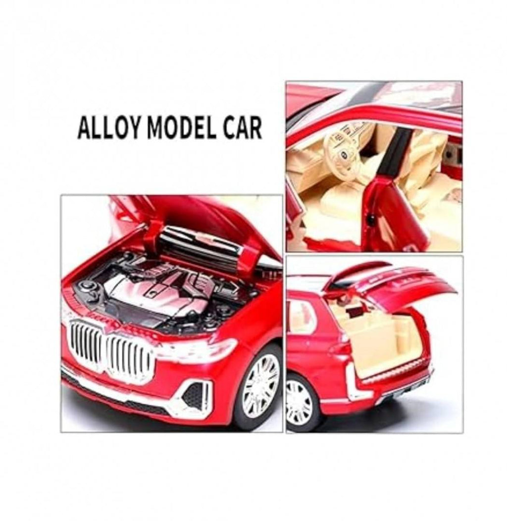 Masinuta metalica mecanica, tip BMW X7, sunete si lumini, usi mobile, portbagaj mobil, capota mobila, rosu, 20 cm