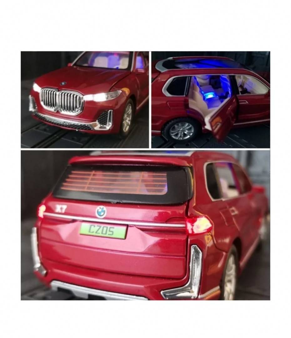 Masinuta metalica mecanica, tip BMW X7, sunete si lumini, usi mobile, portbagaj mobil, capota mobila, rosu, 20 cm