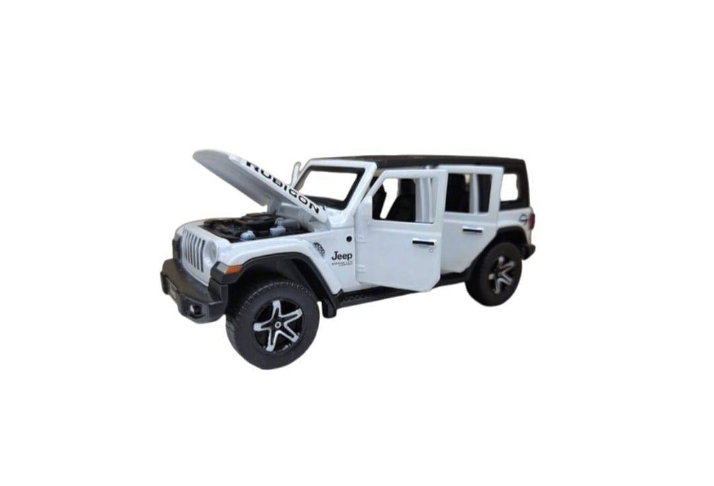 Masinuta metalica mecanica, tip Jeep Rubicon, scara 1:32, lumini si sunete, usi mobile, capota mobila, portbagajul mobil, alb