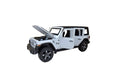 Masinuta metalica mecanica, tip Jeep Rubicon, scara 1:32, lumini si sunete, usi mobile, capota mobila, portbagajul mobil, alb