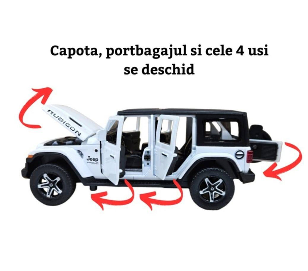 Masinuta metalica mecanica, tip Jeep Rubicon, scara 1:32, lumini si sunete, usi mobile, capota mobila, portbagajul mobil, alb