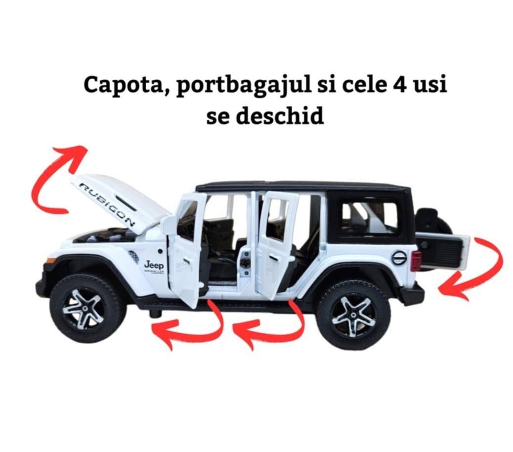 Masinuta metalica mecanica, tip Jeep Rubicon, scara 1:32, lumini si sunete, usi mobile, capota mobila, portbagajul mobil, alb