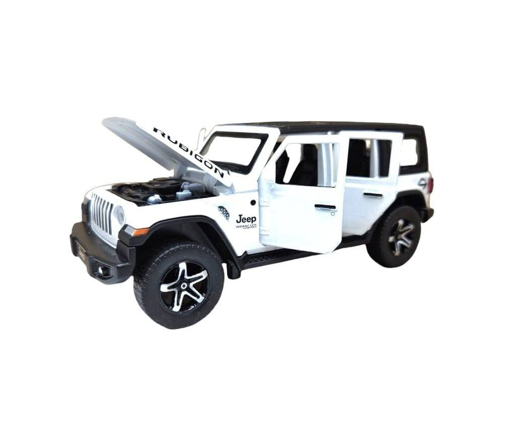 Masinuta metalica mecanica, tip Jeep Rubicon, scara 1:32, lumini si sunete, usi mobile, capota mobila, portbagajul mobil, alb