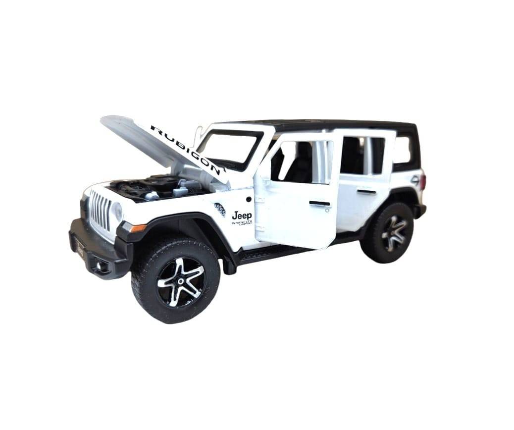 Masinuta metalica mecanica, tip Jeep Rubicon, scara 1:32, lumini si sunete, usi mobile, capota mobila, portbagajul mobil, alb