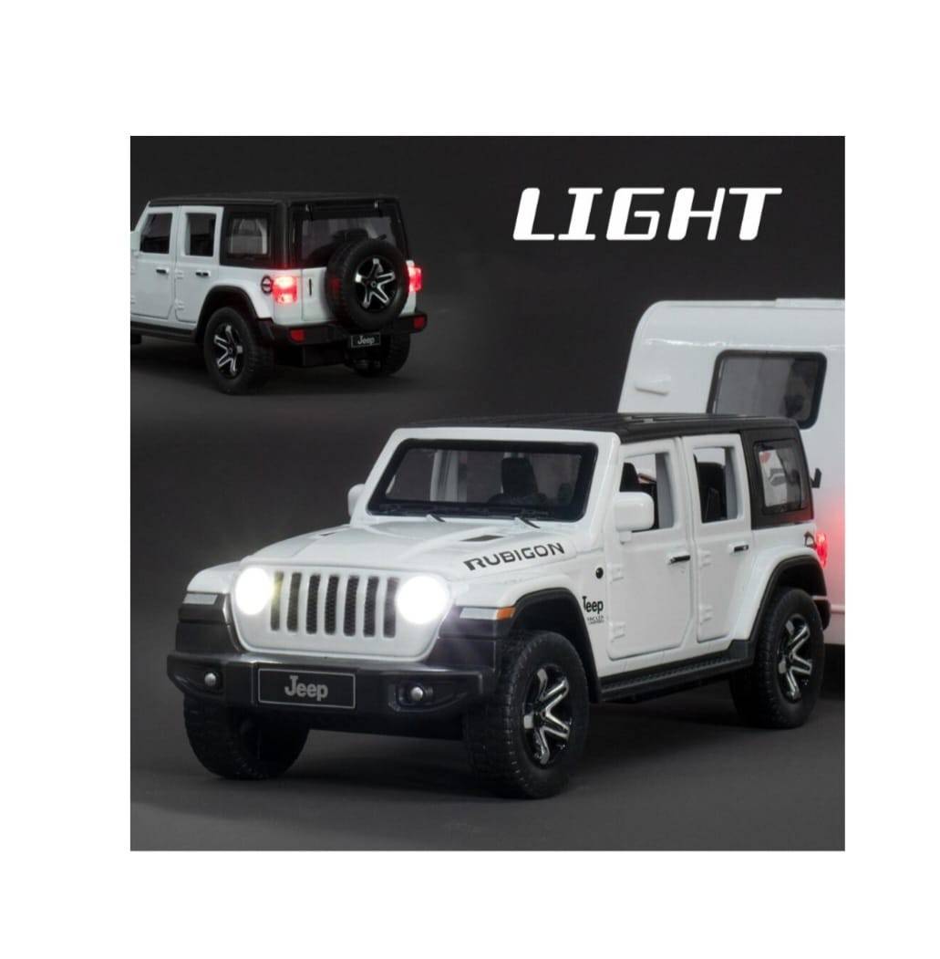 Masinuta metalica mecanica, tip Jeep Rubicon, scara 1:32, lumini si sunete, usi mobile, capota mobila, portbagajul mobil, alb