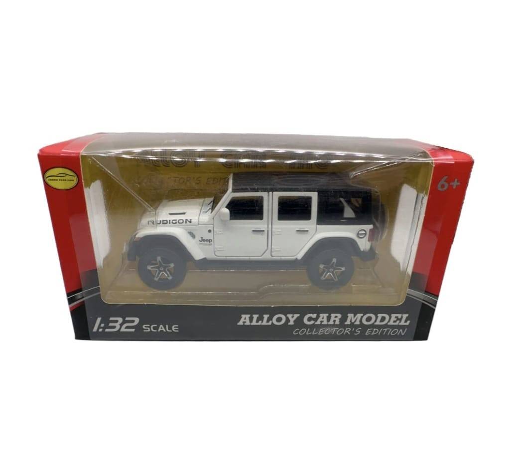 Masinuta metalica mecanica, tip Jeep Rubicon, scara 1:32, lumini si sunete, usi mobile, capota mobila, portbagajul mobil, alb
