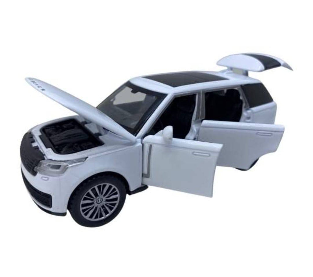 Masinuta metalica mecanica, tip Land Rover, lumini si sunete, usi mobile, capota mobila, portbagajul mobil, alb, 16 cm