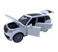 Masinuta metalica mecanica, tip Land Rover, lumini si sunete, usi mobile, capota mobila, portbagajul mobil, alb, 16 cm