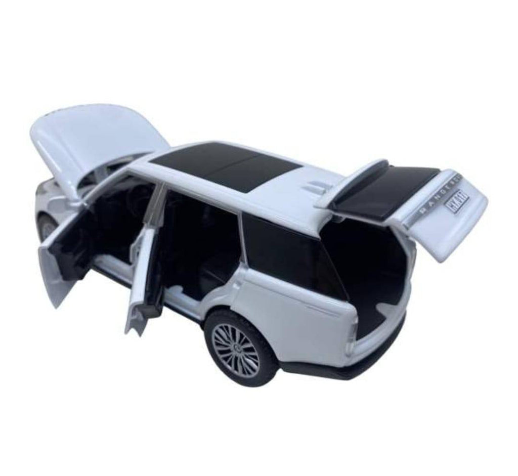 Masinuta metalica mecanica, tip Land Rover, lumini si sunete, usi mobile, capota mobila, portbagajul mobil, alb, 16 cm