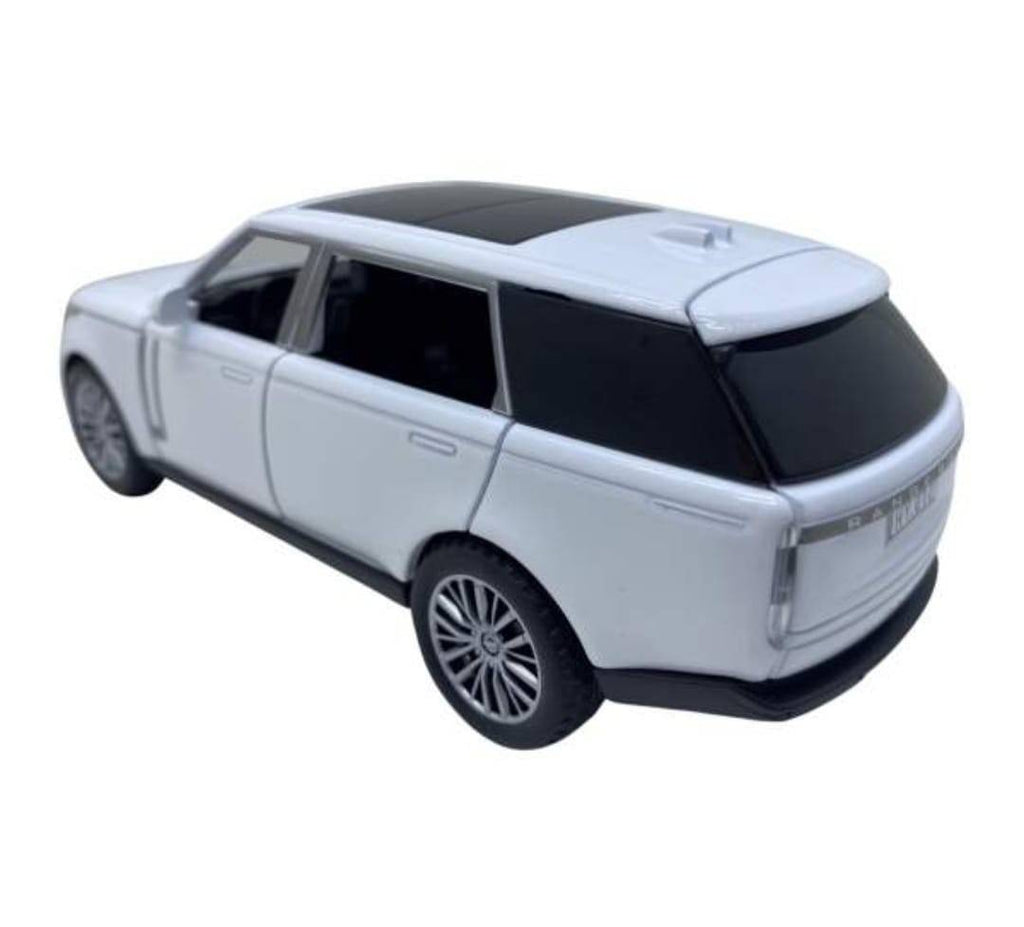 Masinuta metalica mecanica, tip Land Rover, lumini si sunete, usi mobile, capota mobila, portbagajul mobil, alb, 16 cm
