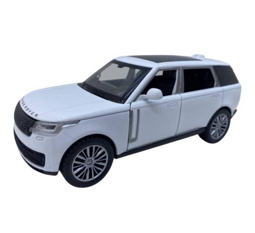 Masinuta metalica mecanica, tip Land Rover, lumini si sunete, usi mobile, capota mobila, portbagajul mobil, alb, 16 cm