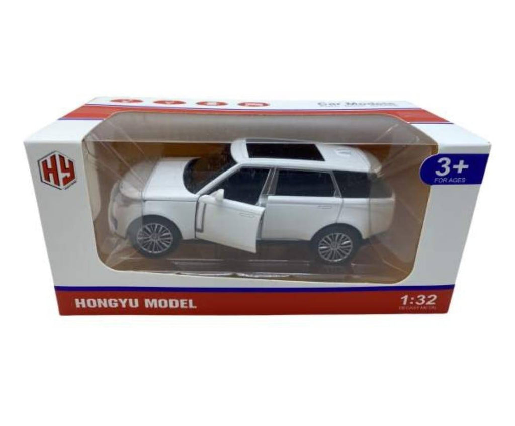 Masinuta metalica mecanica, tip Land Rover, lumini si sunete, usi mobile, capota mobila, portbagajul mobil, alb, 16 cm