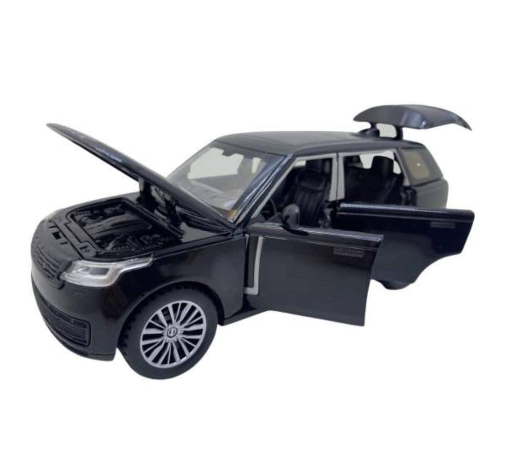 Masinuta metalica mecanica, tip Land Rover, lumini si sunete, usi mobile, capota mobila, portbagajul mobil, negru, 16 cm