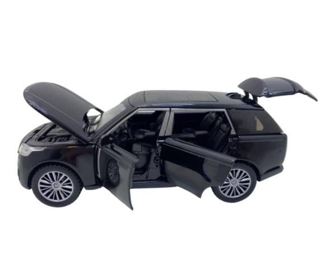 Masinuta metalica mecanica, tip Land Rover, lumini si sunete, usi mobile, capota mobila, portbagajul mobil, negru, 16 cm