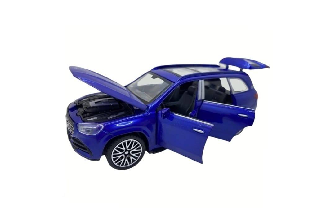 Masinuta metalica mecanica, tip Mercedes Benz, lumini si sunete, usi mobile, capota mobila, portbagajul mobil, albastru, 16 c