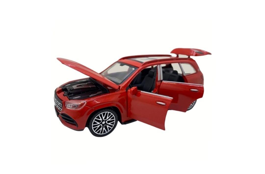 Masinuta metalica mecanica, tip Mercedes Benz, lumini si sunete, usi mobile, capota mobila, portbagajul mobil, rosu, 16 cm