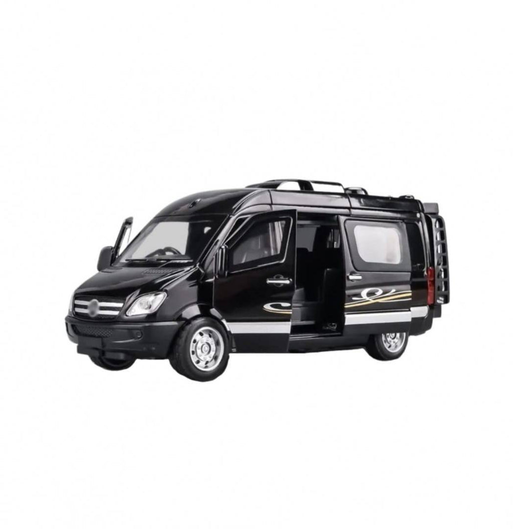 Masinuta metalica mecanica, tip Mercedes Benz Sprinter, scara 1:32, usi mobile, portbagaj mobil, negru, 14 cm