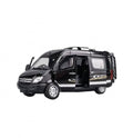 Masinuta metalica mecanica, tip Mercedes Benz Sprinter, scara 1:32, usi mobile, portbagaj mobil, negru, 14 cm