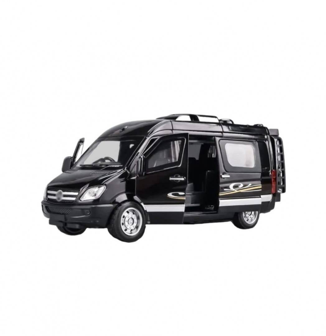 Masinuta metalica mecanica, tip Mercedes Benz Sprinter, scara 1:32, usi mobile, portbagaj mobil, negru, 14 cm