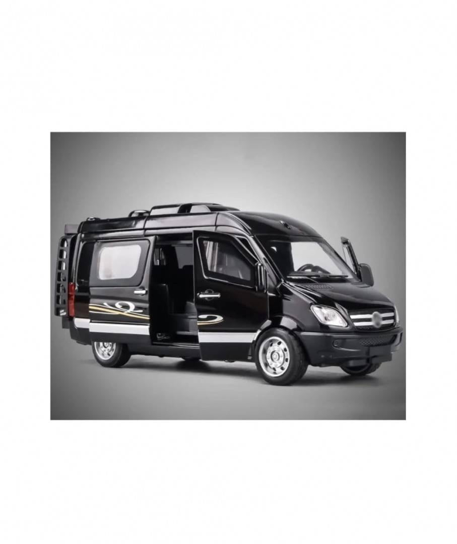 Masinuta metalica mecanica, tip Mercedes Benz Sprinter, scara 1:32, usi mobile, portbagaj mobil, negru, 14 cm