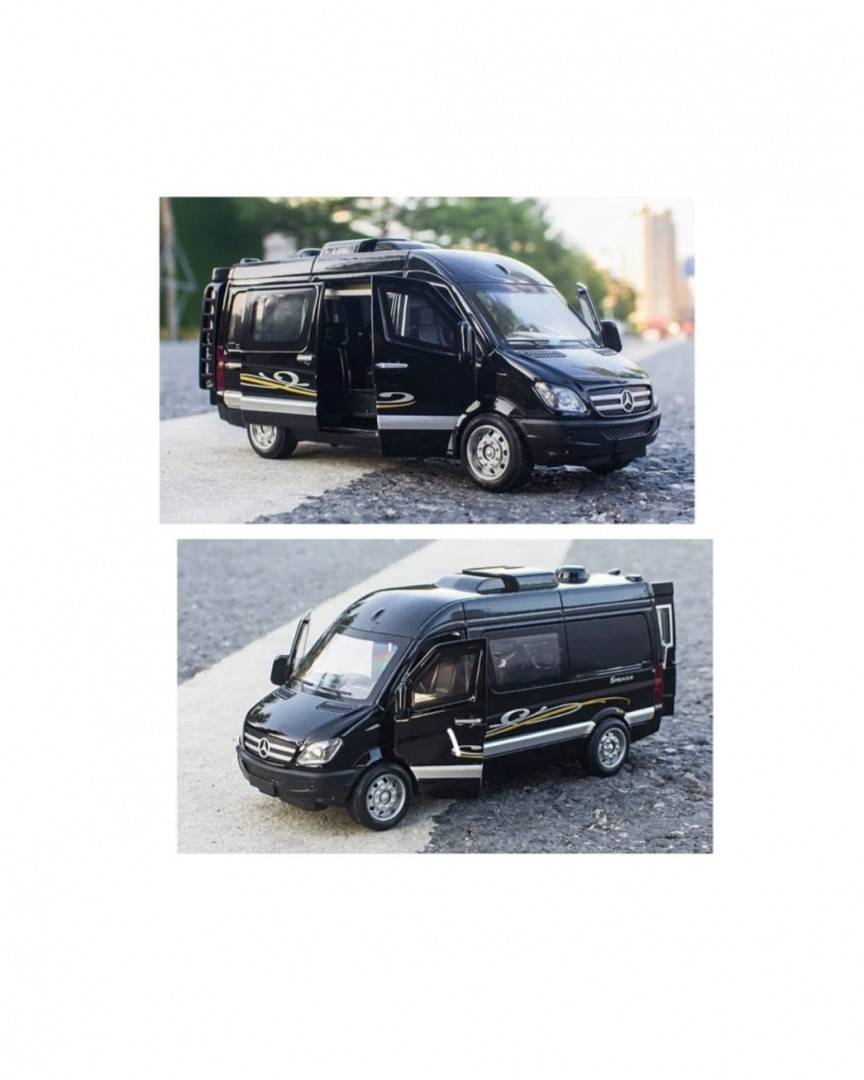 Masinuta metalica mecanica, tip Mercedes Benz Sprinter, scara 1:32, usi mobile, portbagaj mobil, negru, 14 cm
