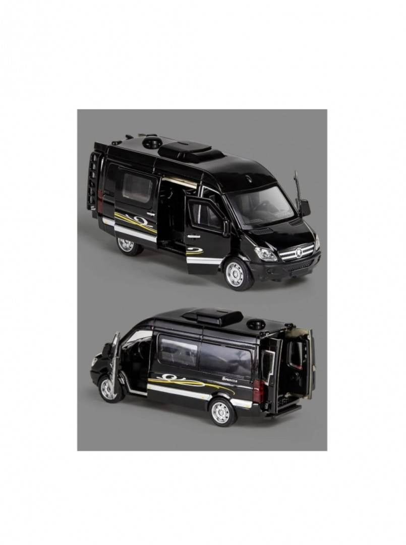 Masinuta metalica mecanica, tip Mercedes Benz Sprinter, scara 1:32, usi mobile, portbagaj mobil, negru, 14 cm