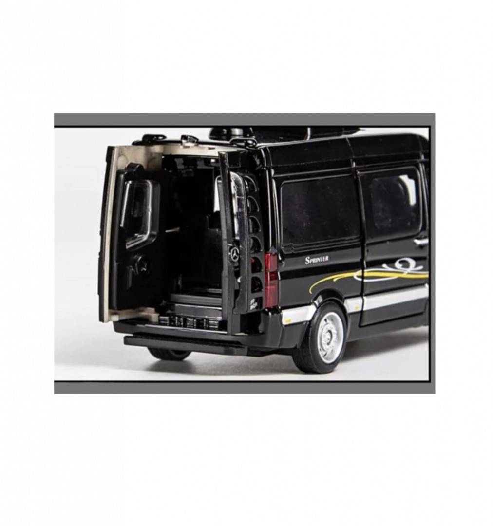 Masinuta metalica mecanica, tip Mercedes Benz Sprinter, scara 1:32, usi mobile, portbagaj mobil, negru, 14 cm