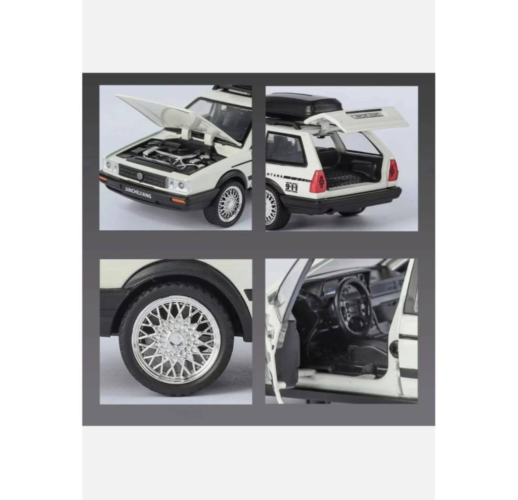 Masinuta metalica, Volkswagen Santana, scara 1:32, usi mobile, capota mobila, portbagaj mobil, alb, 15.5 cm