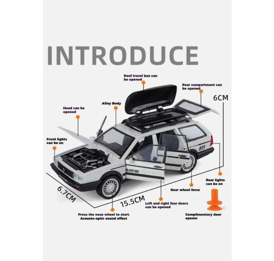 Masinuta metalica, Volkswagen Santana, scara 1:32, usi mobile, capota mobila, portbagaj mobil, alb, 15.5 cm